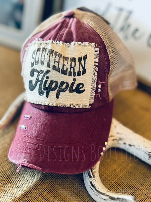 Blingy Southern Hippie Frayed Patch Berry/Beige Hat