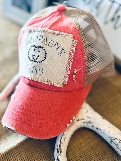 Blingy Champange Gang Leopard Frayed Patch Coral/Beige Hat