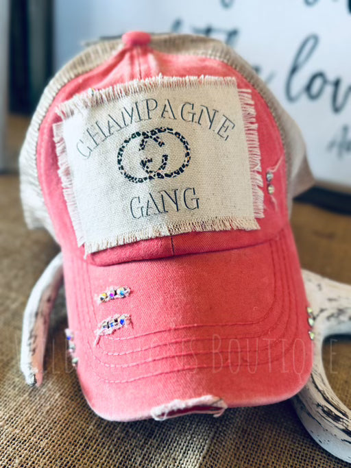 Blingy Champange Gang Leopard Frayed Patch Coral/Beige Hat