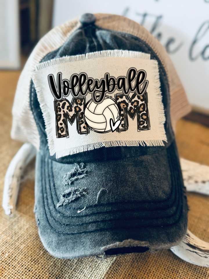 Volleyball Mom Frayed Patch Black/Beige Hat