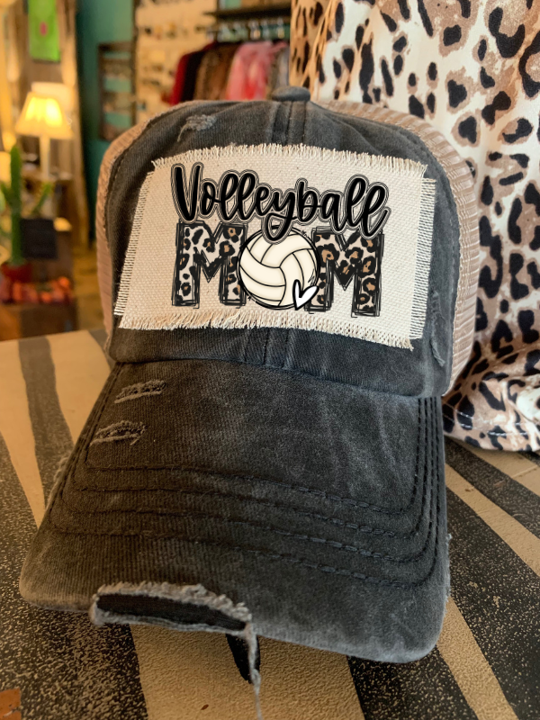 Volleyball Mom Frayed Patch Black/Beige Hat