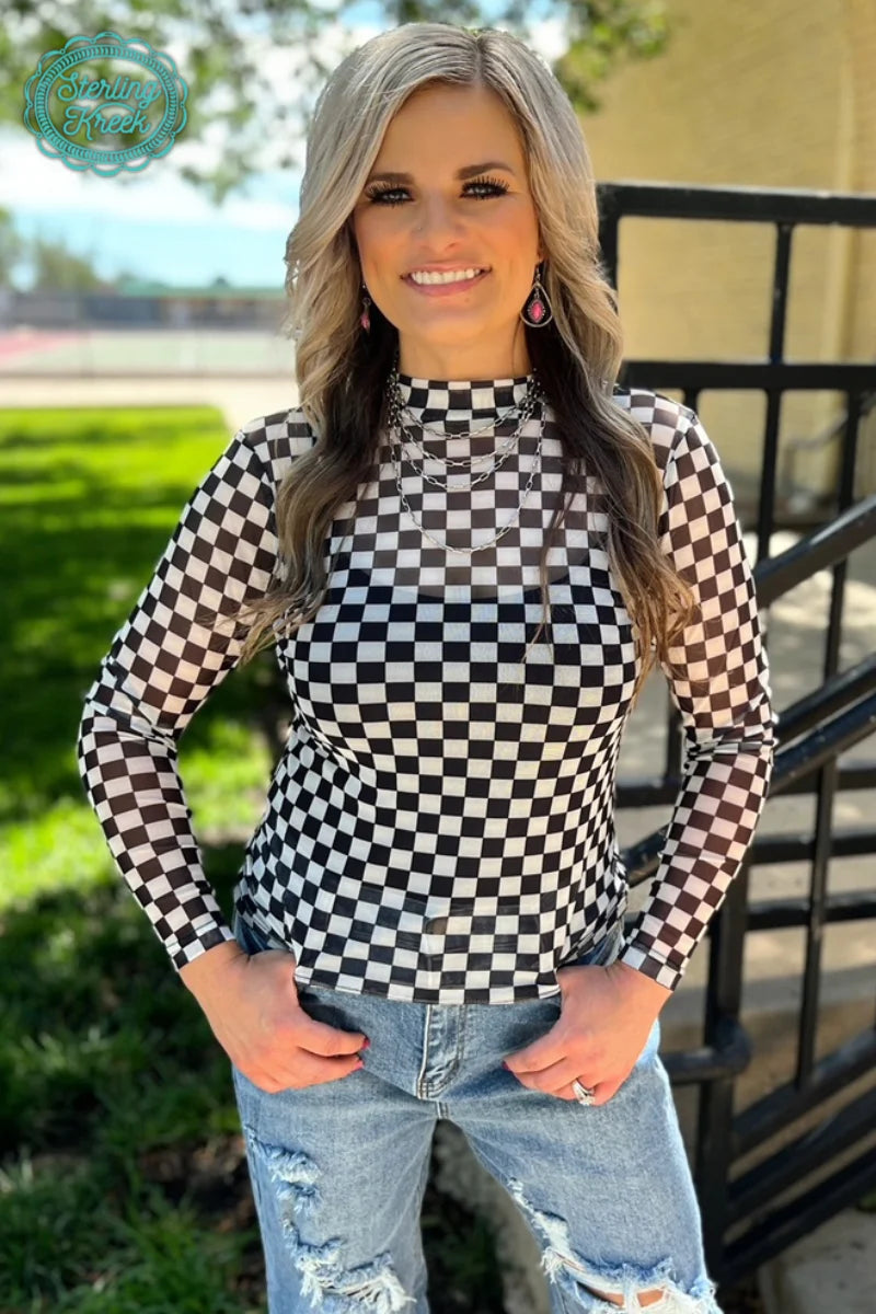 Round the Track Checker Mesh Top